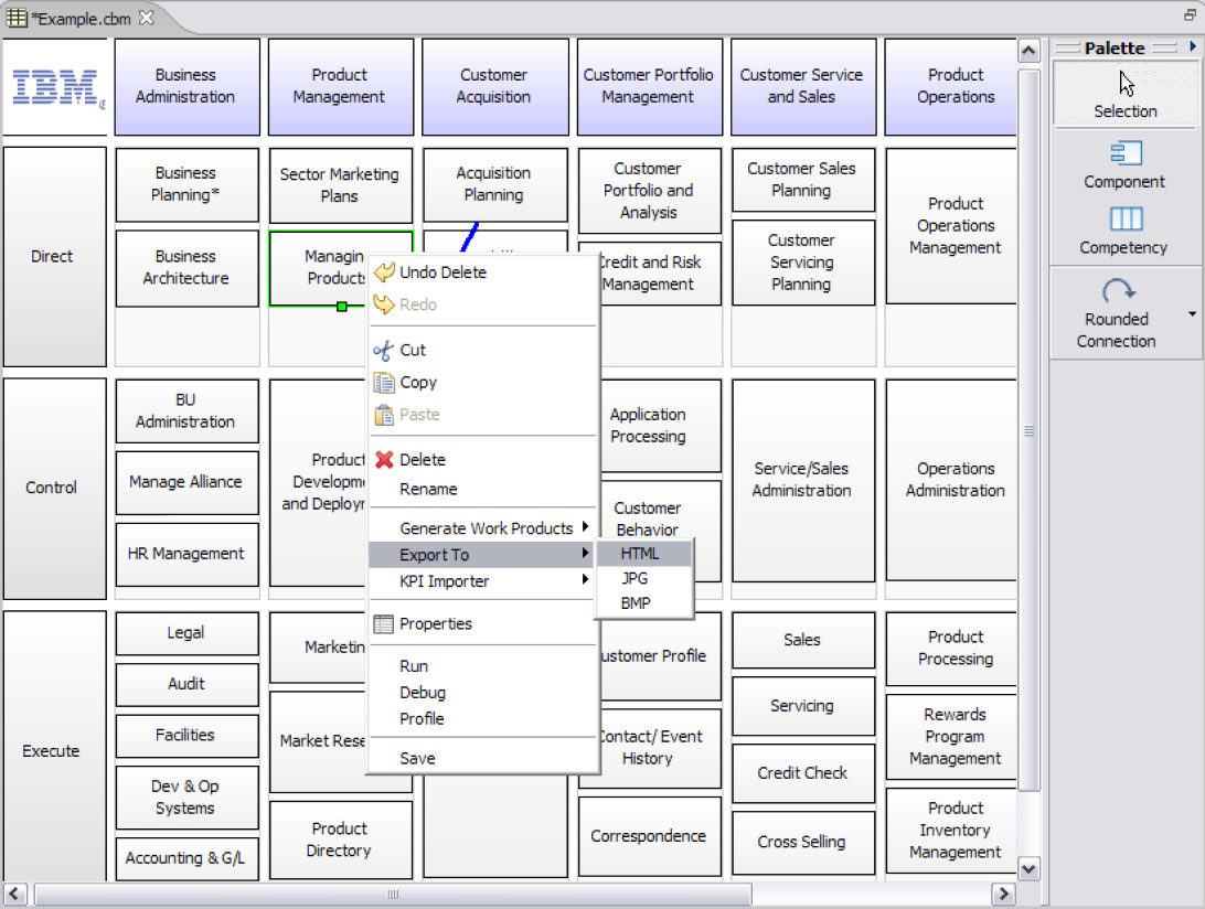 View of the existing CBM software showing a default template and export options