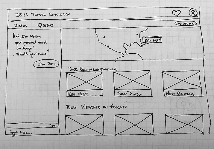 Low-fidelity wireframe of a landing screen concept of the prototype